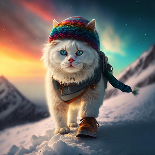 white cat with rainbow beanie as a snowboarder walk to thick snow in the mountain at sunset --v 4