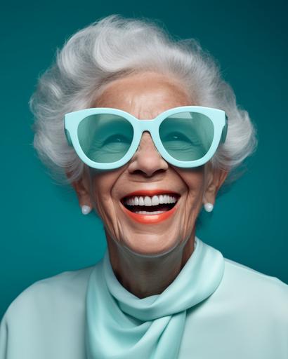 white chanel sunglasses seniorwoman smile a lot showing the theeth, fun, cool and modern, background colours studio light blue --ar 4:5 --v 5.1