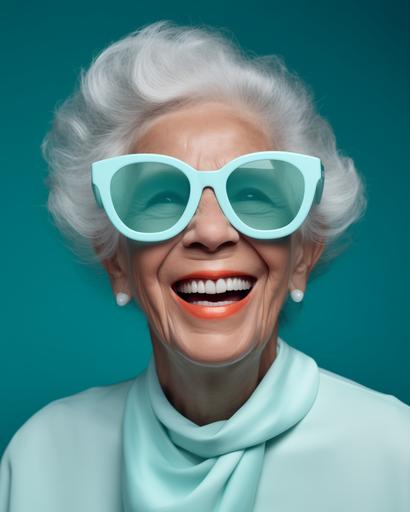 white chanel sunglasses seniorwoman smile a lot showing the theeth, fun, cool and modern, background colours studio light blue --ar 4:5 --v 5.1