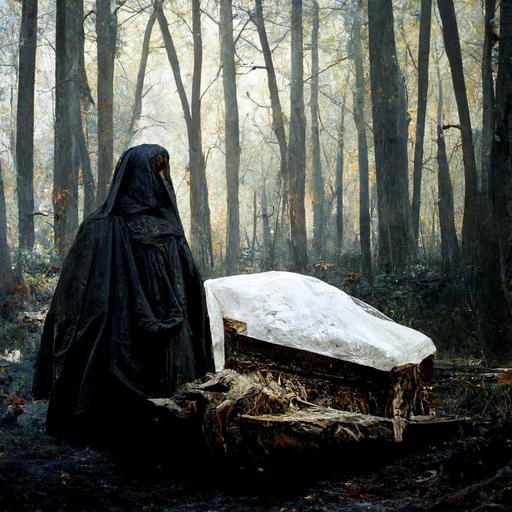 white coffin in a forest, woman in black hood kneeling beside it, photorealistic