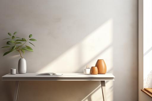 white desktop desk with lamp of 3x4 table in the corner and plant on the wall, in the style of muted colorscape mastery, light gray and light brown, 32k uhd, ray eames, academic, uhd image, nonrepresentational --ar 3:2