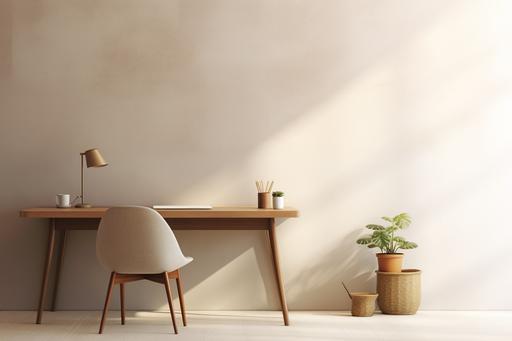 white desktop desk with lamp of 3x4 table in the corner and plant on the wall, in the style of muted colorscape mastery, light gray and light brown, 32k uhd, ray eames, academic, uhd image, nonrepresentational --ar 3:2