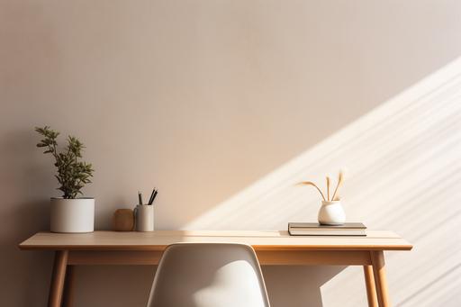 white desktop desk with lamp of 3x4 table in the corner and plant on the wall, in the style of muted colorscape mastery, light gray and light brown, 32k uhd, ray eames, academic, uhd image, nonrepresentational --ar 3:2