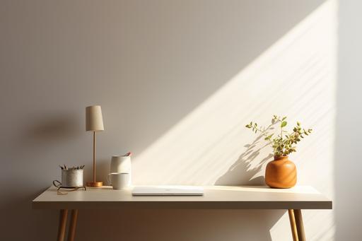 white desktop desk with lamp of 3x4 table in the corner and plant on the wall, in the style of muted colorscape mastery, light gray and light brown, 32k uhd, ray eames, academic, uhd image, nonrepresentational --ar 3:2