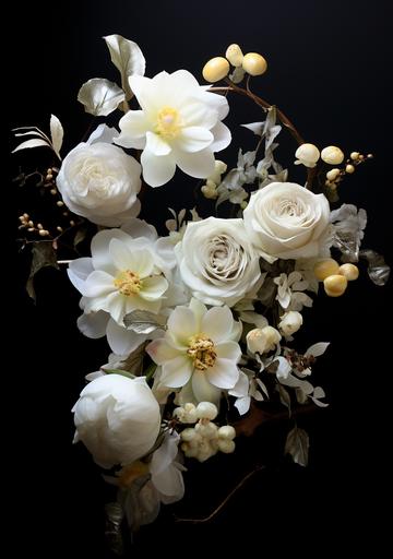white florals roses chrysanthemums orchids, black studio backdrop harvest moon 4k --ar 12:17 --s 50