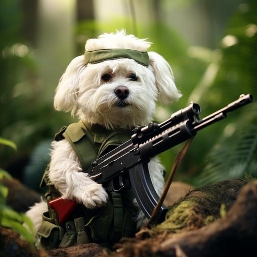white fluffy Maltese dog in the jungle during the Vietnam war carry a machine gun with a cigarette in his mouth and a green bandana on his head