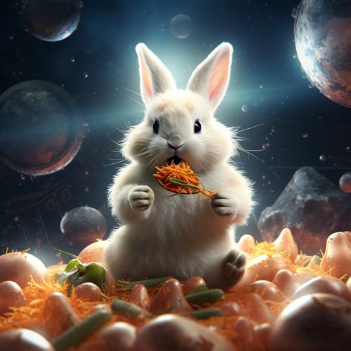 white fluffy bunny eating a carrot in space