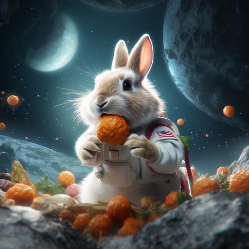 white fluffy bunny eating a carrot in space