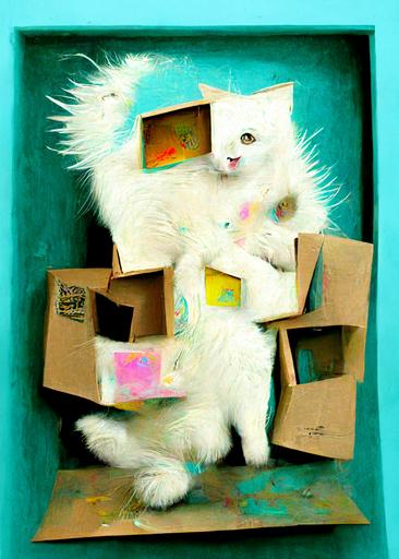 white fluffy cat playing in a cardboard Amazon box, muted pastel neon color surrealist cubist, tense design, detailed painting, spray art, spatter, collage, isolated on white, in the style of Alex Yanes and John Kricfalusi and Damien Hirst, juxtapoz magazine, cartoon brew, golden ratio, rule of thirds —mp