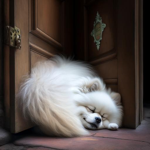 white fluffy long haired Pomeranian sleeping next to a full sized wooden door