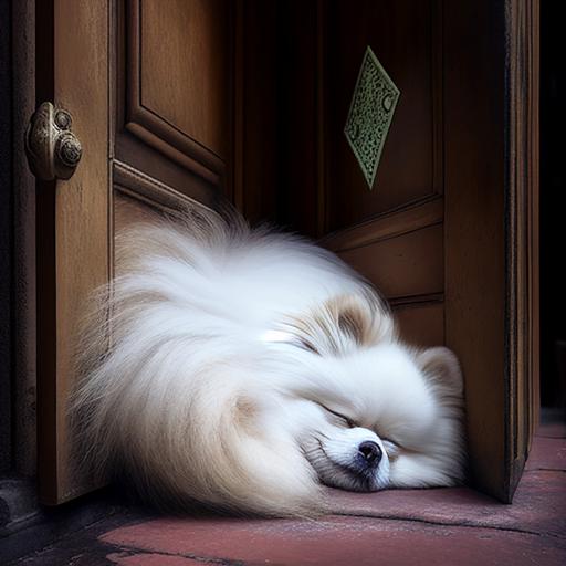 white fluffy long haired Pomeranian sleeping next to a full sized wooden door