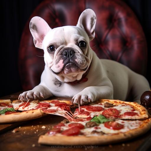 white french bulldog eating pizza