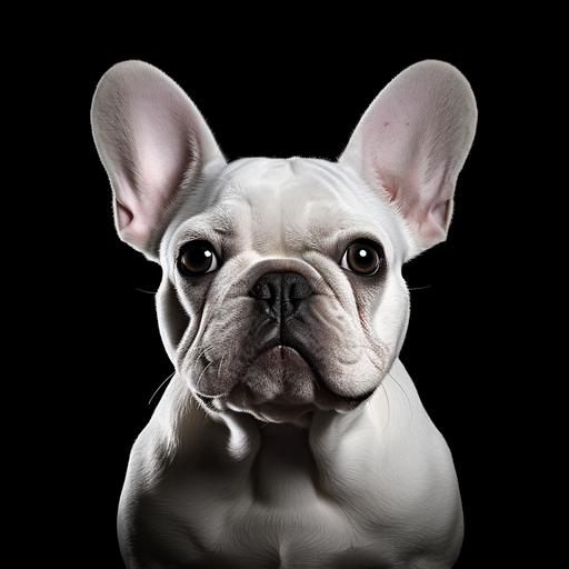 white french bulldog silhouette, one ear pointing, one ear pointing down, black background, looking at viewer