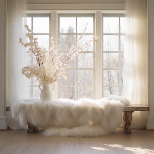 white fur bench in front of window with white curtains, pampas flowers surrounding, white wood floor
