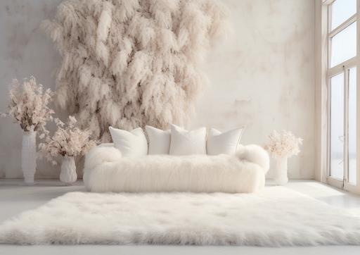 white fur blanket on floor in front of fluffy pillows against white wall and ivory pampas flowers hanging from ceiling --ar 7:5