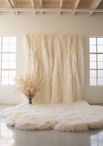 white fur blanket on floor in front white wall with ivory pampas flowers hanging from ceiling --ar 5:7