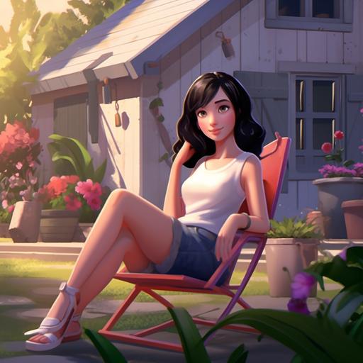 white girl, with dark hair, with a pink top and denim short, on a garden, with flowers, and a sunbathing chair, animated cartoon style high resolution