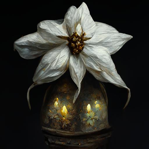 white glowing bell-shaped flowers in dark crypt, 8K, HD, hyper-realistic, detailed, painting