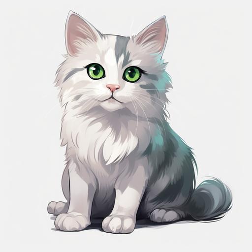 white gray color, cute, happy and confused, long-tailed cat, green eyes, no background, in png format