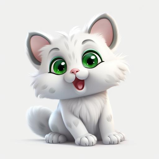 white gray color, cute, happy and surprised, long-tailed cat, green eyes, no background, png format, cartoon character