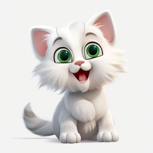 white gray color, cute, happy and surprised, long-tailed cat, green eyes, no background, png format, cartoon character