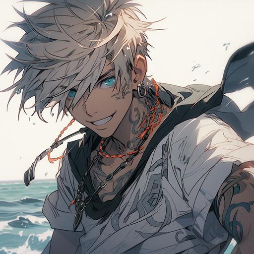 white haired, blue eyes handsome young man. Mischievous smile. Tattoos. Pirate vibes. White shirt. Anime style. --s 750 --niji 5