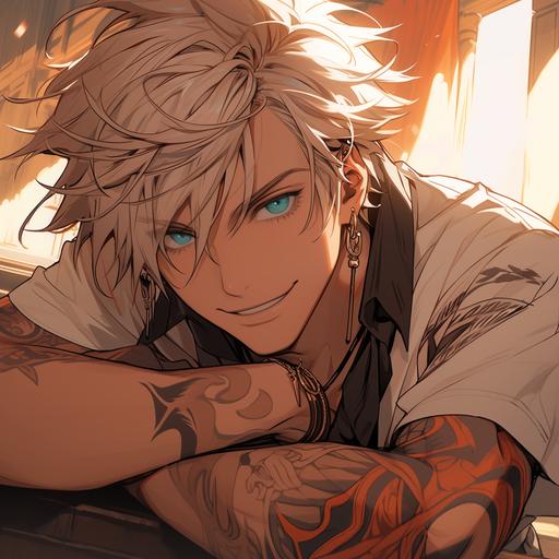 white haired, blue eyes handsome young man. Mischievous smile. Tattoos. Pirate vibes. White shirt. Anime style. --s 750 --niji 5