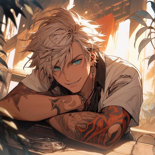 white haired, blue eyes handsome young man. Mischievous smile. Tattoos. Pirate vibes. White shirt. Anime style. --s 750 --niji 5