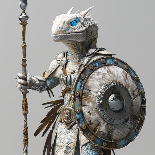 white kobold lizard warrior, blue eyes, distinct blue nose, 4 ft tall, greek physique, paladin armor, spear in right hand, shield in left hand, full body shot, dungeons and dragons style, 8K, high quality, distinct blue nose, white body, ancient paladin armor, round shield, celestial spear