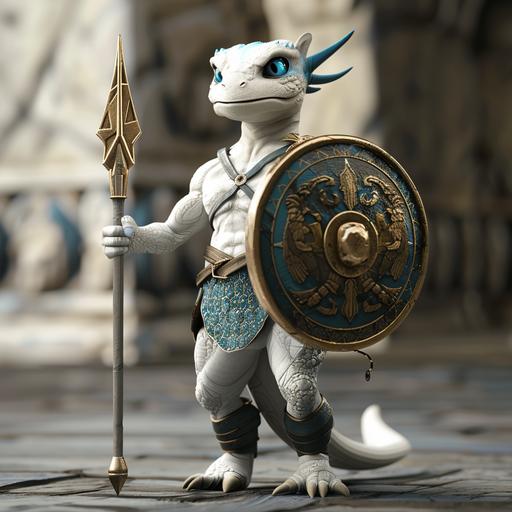white kobold lizard warrior, blue eyes, distinct blue nose, 4 ft tall, greek physique, paladin armor, spear in right hand, shield in left hand, full body shot, dungeons and dragons style, 8K, high quality, distinct blue nose, white body, ancient paladin armor, round shield, celestial spear