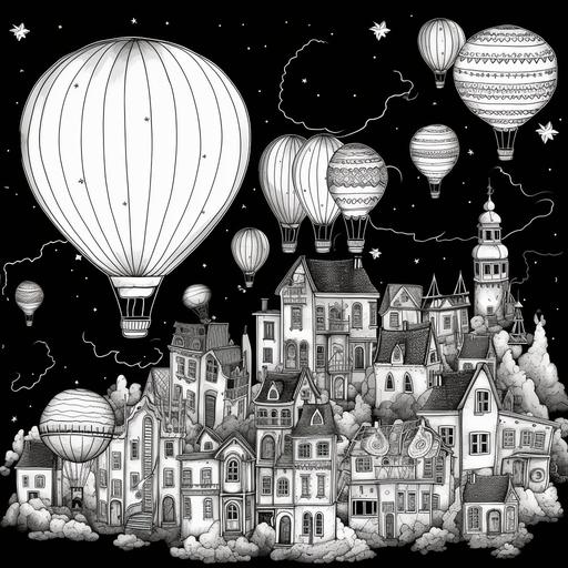 white line illustration coloring page sky town with fantasy ballon , black background