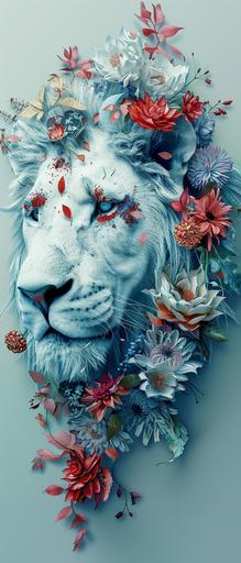 white lion portrait with flowers, minimalistic colorful organic forms, energy, depth, vibrant, 3D, abstract, on a light turquoise background --stylize 250 --ar 3:7 --v 6.0