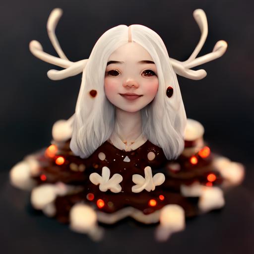 white long haired female, reindeer antlers, joyous smile, Gingerbread dress outlined with icing, pale skin, 4 floating mini reindeer surrounding, octane render, depth of field