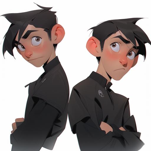 white male with emo look, dressed in black, man with, teenager, character sheed, character desing, teenager, male emo guy, teenager, teenager, shot from multiple angles, disney animation, atey ghailan style --niji --style expressive --s 250