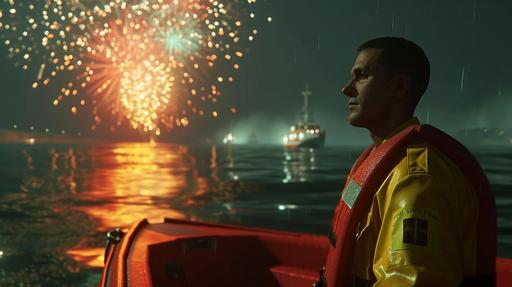 white man lifeguard, paramedic, facing the camera, wearing yellow red uniform, standing on rescue boat, beautiful fireworks on the sky night, ocean, 4k, cinematic, high details, realistic, --v 6.0 --ar 16:9 --style raw