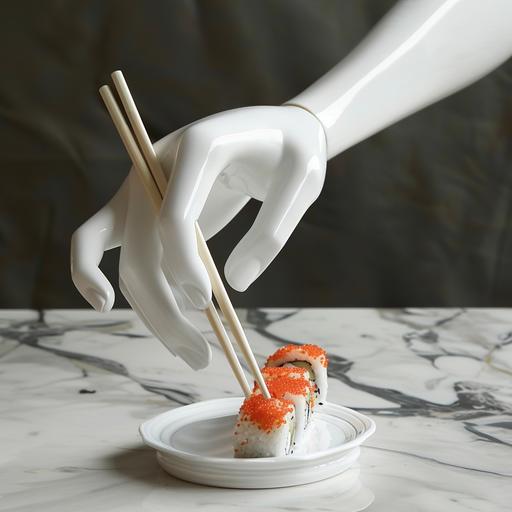 white mannequin hand with chopsticks grabbing sushi