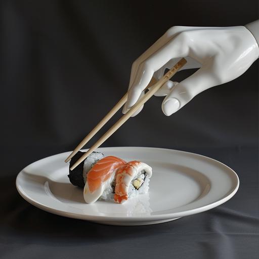 white mannequin hand with chopsticks grabing a sushi