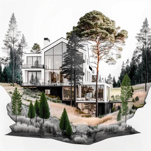white mansion, modern design, panoramic windows, on a small hill, nicely cut grass, old trees at the back yard, sunny day, wide lenses, detailed landscape design, pines, mountain pines, stones decor