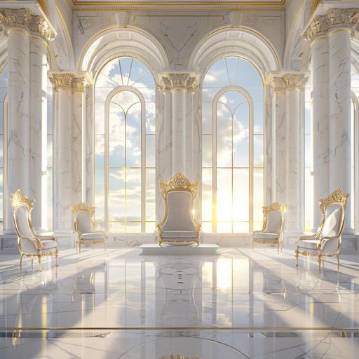 white marble throne room with gold accents, sunrise through large windows