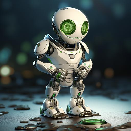 white mettalic simple robot, green details, showing coin in hand