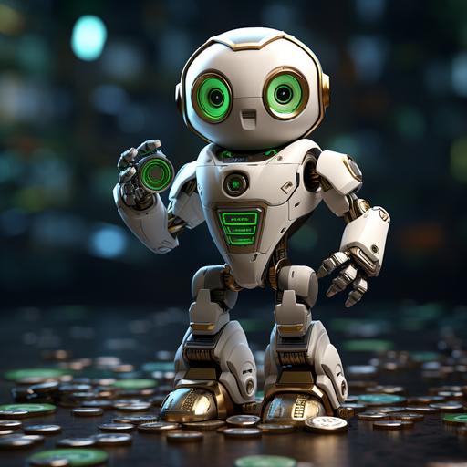 white mettalic simple robot, green details, showing coin in hand