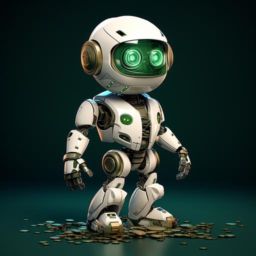 white mettalic simple robot, green details, showing coin in hand