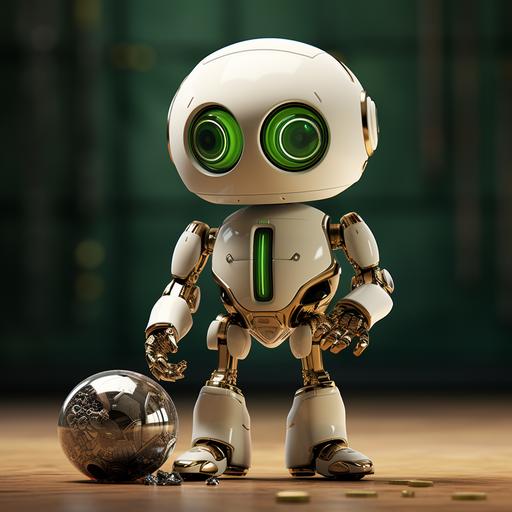 white mettalic simple robot, green details, showing coin in hand