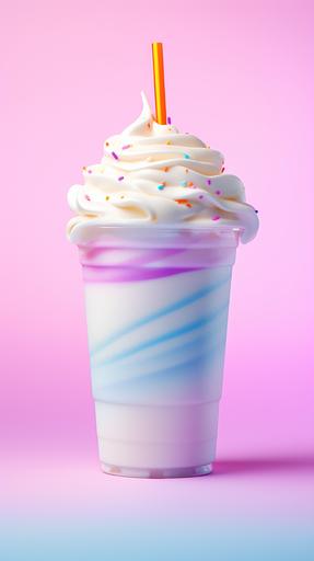 white milkshake, plastic cup, background colorful, f8, realistic, iso100, 8k, --ar 9:16