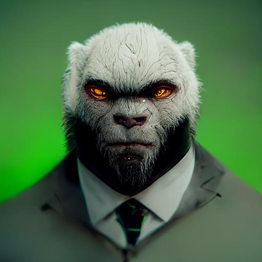 white mountain lion hybrid ape, black suit, tie, green eyes, smile, portrait, full HD 8k, ultra realistic cinematic octane render