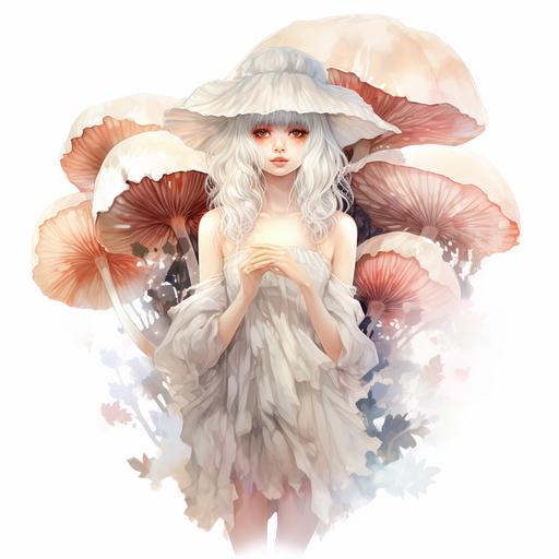 white mushroom young girl, bride, full body, pale, mushroom veil, fantasy background watercolor fantasy artstyle watercolor fantasy artstyle