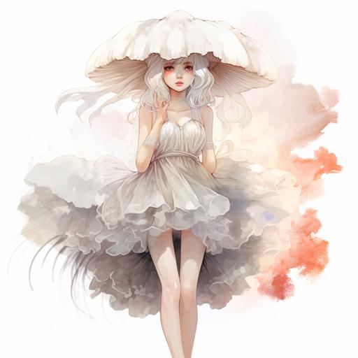 white mushroom young girl, bride, full body, pale, mushroom veil, fantasy background watercolor fantasy artstyle watercolor fantasy artstyle