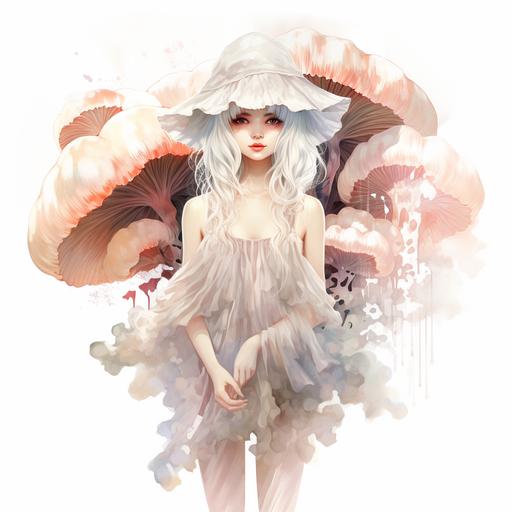 white mushroom young girl, bride, full body, pale, mushroom veil, fantasy background watercolor fantasy artstyle watercolor fantasy artstyle