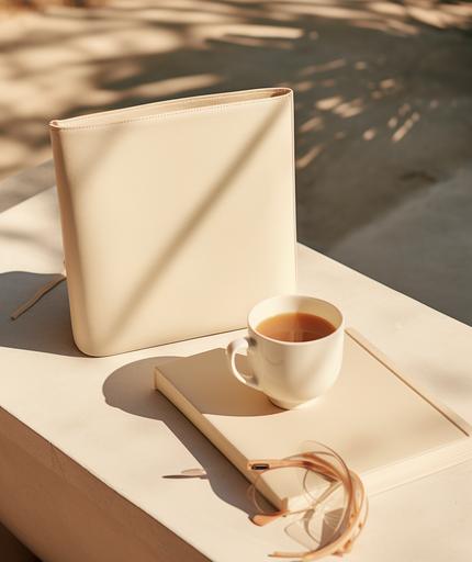 white notebook, bag and a cup near an elegant white book, in the style of muted, earthy tones, pop inspo, contemporary ceramics, womancore, beige --ar 92:109