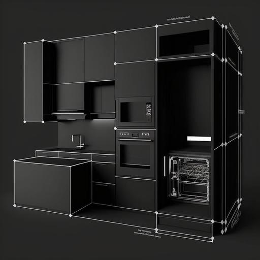 white on black, floating kitchen cabinet, technical drawing, background color pure black --v 4 --q 2